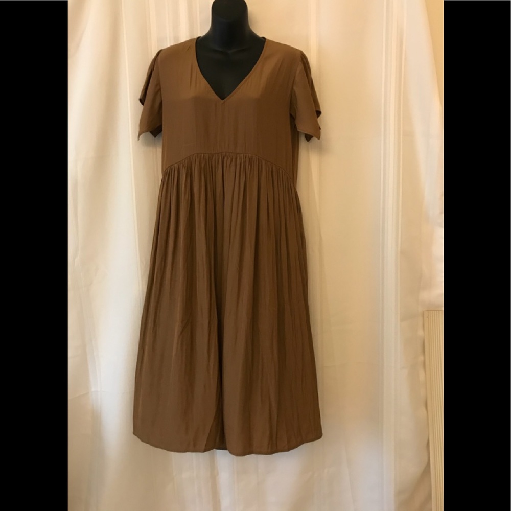 Brown V-Neck Short Sleeve Midi Dress